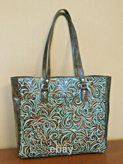 $269 NWT PATRICIA NASH SOLARO TURQUOISE Brown TOOLED Leather Large Tote Handbag