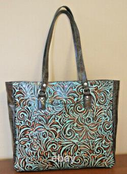 $269 NWT PATRICIA NASH SOLARO TURQUOISE Brown TOOLED Leather Large Tote Handbag