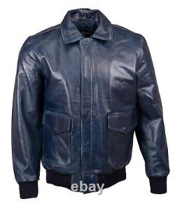 A2 Bomber AIR Force Style Flight Jacket Real Leather Vintage Distressed Blue