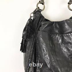 ALLSAINTS Large Black Leather Hobo Bag Woven Braided Tassel