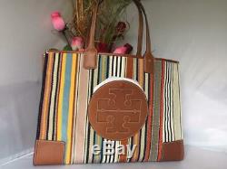 AUTH NWT $598 TORY BURCH ELLA Webbing Patchwork Large Canvas Leather Tote