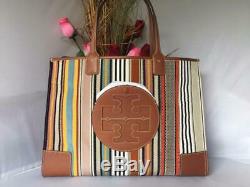 AUTH NWT $598 TORY BURCH ELLA Webbing Patchwork Large Canvas Leather Tote