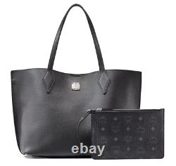 AUTH NWT MCM Yris Large Leather Tote Shopper Bag In Black With Logo Zip Pouch