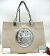 Auth Nwt Tory Burch Ella Logo Large Canvas Leather Tote Bag In Natural/ Silver