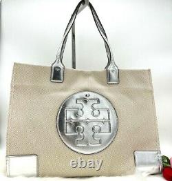 AUTH NWT TORY BURCH ELLA Logo Large Canvas Leather Tote Bag In Natural/ Silver