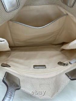 AUTH NWT TORY BURCH ELLA Logo Large Canvas Leather Tote Bag In Natural/ Silver