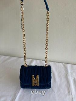 AW20 Moschino Couture BRAND LOGO PLAUQE M VELVET EFFECT BLUE CROSSBODY BAG