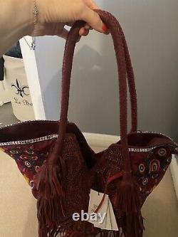 Antik Batik Bag quilted, large cotton & leather fringed, stunning piece