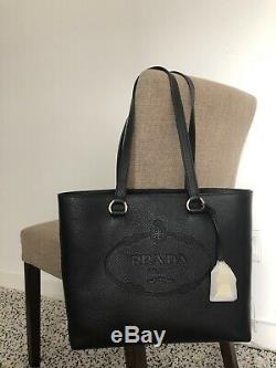 Auth New Prada 1BG100 Black Leather Vitello Phenix Shopper Purse Embossed Logo