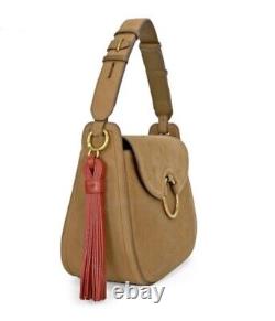 BNWT Tory Burch Large Suede Tan Shoulder Top Handle Bag with Red Tassel