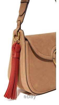 BNWT Tory Burch Large Suede Tan Shoulder Top Handle Bag with Red Tassel