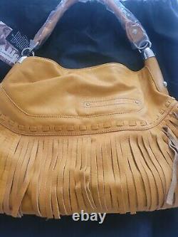 B. MAKOWSKY Andalusia Fringe Leather Shoulder Handbag Brand New Mustard Yellow