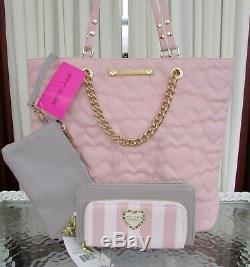 Betsey Johnson Swag Chain Tote Wallet Pouch Set Quilted Hearts Blush NWT