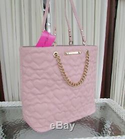 Betsey Johnson Swag Chain Tote Wallet Pouch Set Quilted Hearts Blush NWT