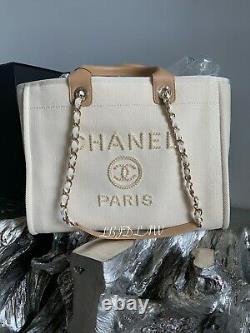 CHANEL 20S Beige Deauville Tote Bag Pearl 30 Large Shopping Handles Chain NEW