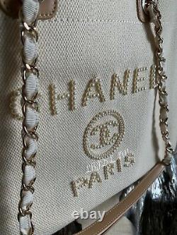 CHANEL 20S Beige Deauville Tote Bag Pearl 30 Large Shopping Handles Chain NEW
