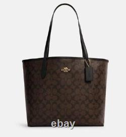 COACH City Tote In Signature Canvas Women Brown Black Shoulder Bag Brand New