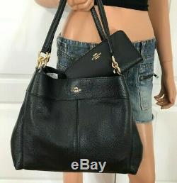 Coach Lexy Black Signature Pebbled Leather Shoulder Bag Purse Authentic + Wallet