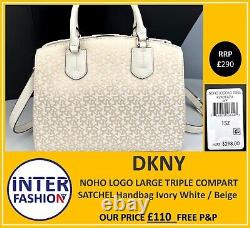 DKNY NOHO LOGO LARGE TRIPLE COMPART SATCHEL Handbag Ivory White / Beige