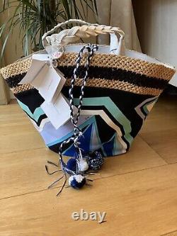 Emilo Pucci Rare Leather Cotton Straw Pom Pom Large Basket Bag New With Tags