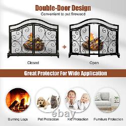 Fireplace Screen Gate Large Mesh Flat Guard with Hinged Magnetic Two-doors Black