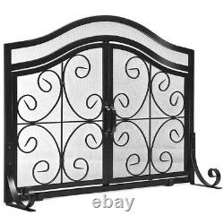 Fireplace Screen Gate Large Mesh Flat Guard with Hinged Magnetic Two-doors Black