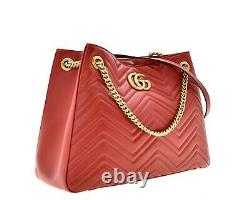 Gucci Marmont Chevron Matelasse Tote Chain Shoulder Bag Red Leather New
