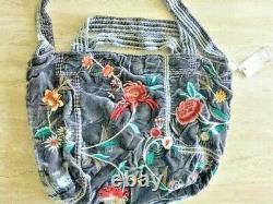 Johnny Was URIAH Velvet Handbag Grey Pewter Embroidery Flower Tote bag Large New