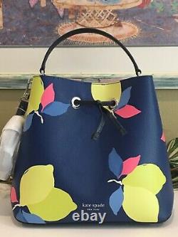 Kate Spade Eva Lemon Zest Large Bucket Shoulder Tote Bag Navy Blue Yellow $379
