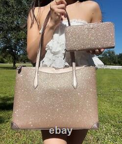 Kate Spade Shimmy Glitter Tote Shoulder Bag Rose Gold Pink + Continental Wallet