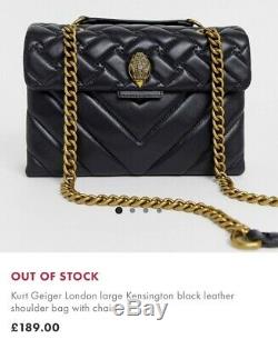 Kurt Geiger London Large Kensington Black Leather Shoulder Bag/ Gold Chain NEW