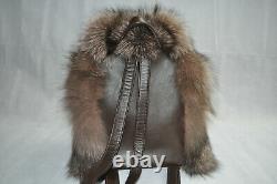 Luxury Fur Backpack Full Skin Crystal Frost Fox Fur Brown Real Fox Fur & Leather