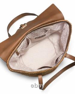 MICHAEL Kors Naomi Large L Woven Straw Leather-Trim Tote Bag Walnut Shoulder New