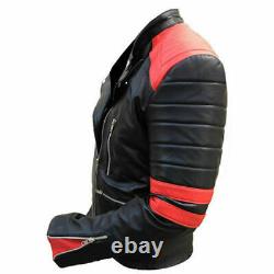 Mens Real Leather Jacket Biker Black Red & Black White Vintage Retro Cafe Racer