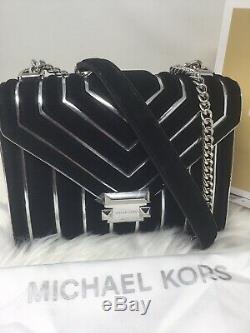 Michael Kors -100% WHITNEY Large Quilted Suede Black/Silver Shoulder New &Tag