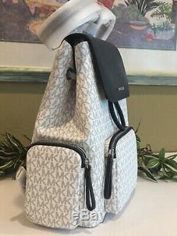 Michael Kors Abbey Large Cargo Backpack Bag Tote White Mk Signature Navy Blue
