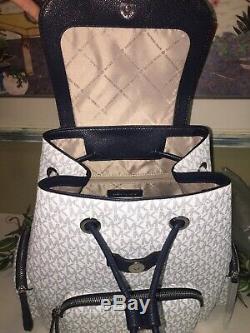 Michael Kors Abbey Large Cargo Backpack Bag Tote White Mk Signature Navy Blue