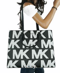 Michael Kors Everly Convertible Graphic Large Logo Tote Bag Mk Black White