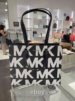 Michael Kors Everly Satchel Convertible Large Tote Graphic Logo MK Black White