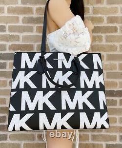 Michael Kors Everlyn Large Satchel Convertible Tote Graphic Logo MK Black White
