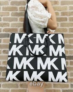 Michael Kors Everlyn Large Satchel Convertible Tote Graphic Logo MK Black White