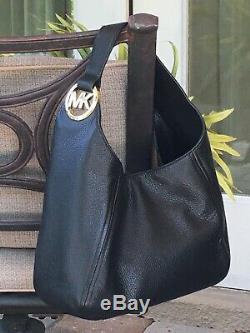 Michael Kors Fulton Large Shoulder Purse Black Leather Gold Hobo Bag $398