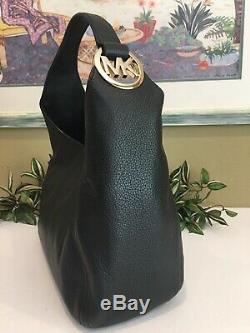 Michael Kors Fulton Large Shoulder Purse Black Leather Gold Hobo Bag $398