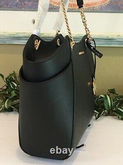 Michael Kors Jet Set Travel Large Chain Shoulder Tote Bag Black Leather Gold