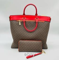 Michael Kors Kenly Large Brown MK Signature Flame Red Tote Bag + Wallet Set NWT