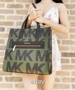 Michael Kors Kenly Large NS Tote Satchel Graphic Logo Brown MK Army Green Multi