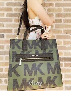 Michael Kors Kenly Large NS Tote Satchel Graphic Logo Brown MK Army Green Multi