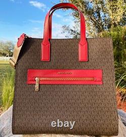 Michael Kors Kenly Large North South Tote Leather Brown MK Signature Flame Red