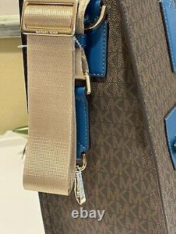 Michael Kors Kenly Large Ns Tote Shoulder Bag Satchel Brown Logo Blue Leather