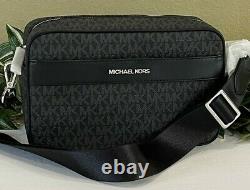 Michael Kors Kenly Large Pocket Zip Crossbody Bag Black Mk Logo Leather Silver